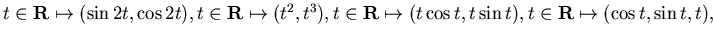 $t\in{\bf R}\mapsto (\sin 2t, \cos 2t),
t\in{\bf R}\mapsto (t^2 , t^3 ), t\in{\bf R}\mapsto (t\cos t , t\sin t)
, t\in{\bf R}\mapsto (\cos t , \sin t , t),$