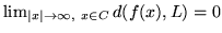 $\lim_{\vert x\vert\to \infty, x\in C} d(f(x), L)=0$